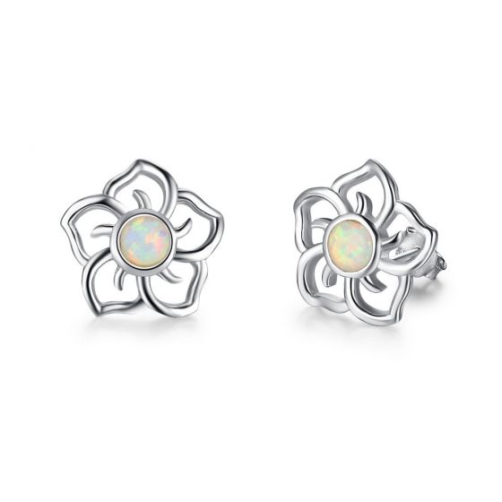 Flower White Created Opal Sterling Silver Earrings