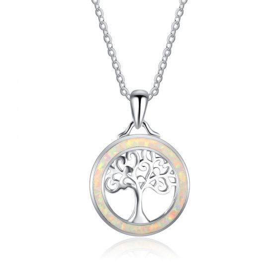 New Tree In Created Opal Circle 925 Silver Necklace