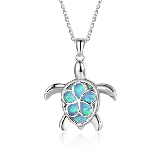 Flower On Tortoise Created Opal 925 Silver Necklace