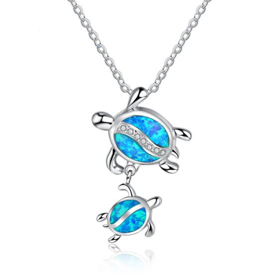 Mother And Child Tortoise Created Opal 925 Silver Necklace