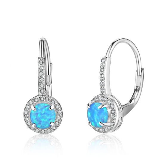 Sweet Round Created Opal 925 Sterling Silver Hoop CZ Earrings