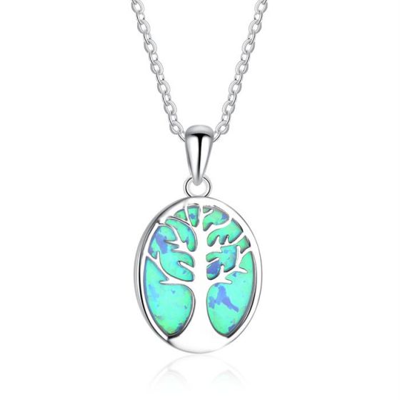 Elegant Created Opal Life Tree 925 Sterling Silver Necklace