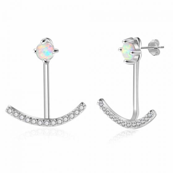 CZ Arc Smile Created Opal 925 Sterling Silver Dangling Earrings