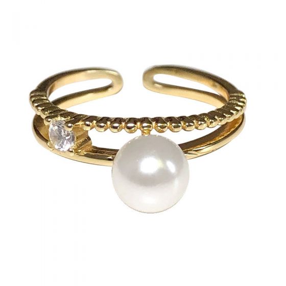Bridesmaid Shell Pearl CZ Double 925 Sterling Silver Adjustable Ring