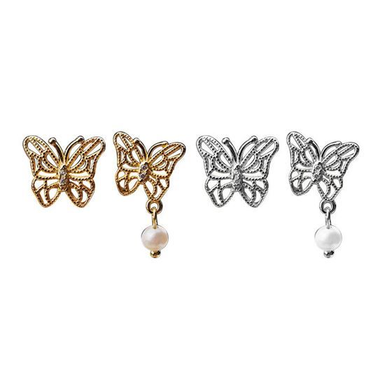 Asymmetry Hollow Butterfly Shell Pearl 925 Sterling Silver Stud Earrings