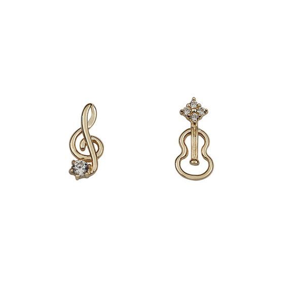 Asymmetry CZ Music Notes Guilter 925 Sterling Silver Stud Earrings