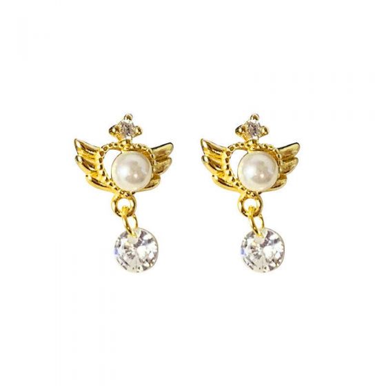 Sweet CZ Heart Wings Shell Pearl 925 Sterling Silver Dangling Earrings