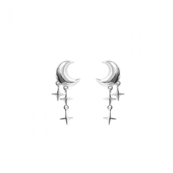 Fashion Crescent Moon Cross Tassels 925 Sterling Silver Dangling Earrings