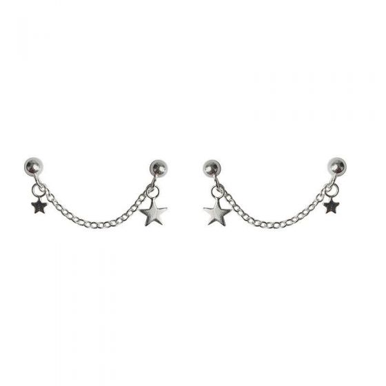 Fashion Stars Chain Two Pierced 925 Sterling Silver Stud Earrings