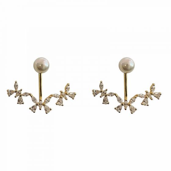 Women Shell Pearl CZ Flowers 925 Sterling Silver Dangling Earrings