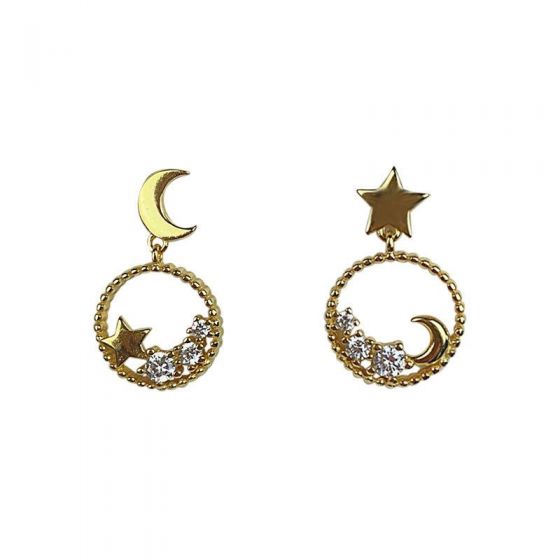 Boucles d'oreilles pendantes en argent sterling 925 Asymmetry CZ Star Crescent Moon