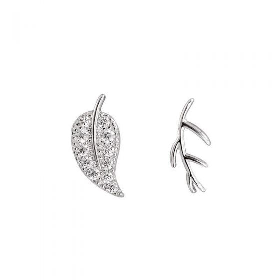 Asymmetry CZ Leaf Branch 925 Sterling Silver Stud Earrings