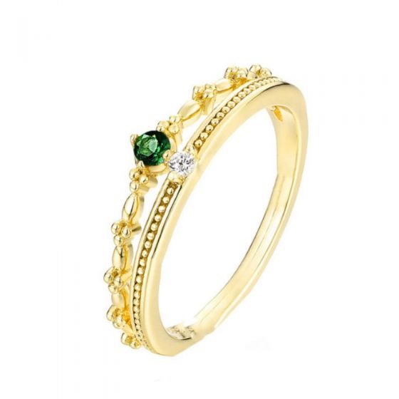 Green CZ Crown Double Layer 925 Sterling Silver Adjustable Ring