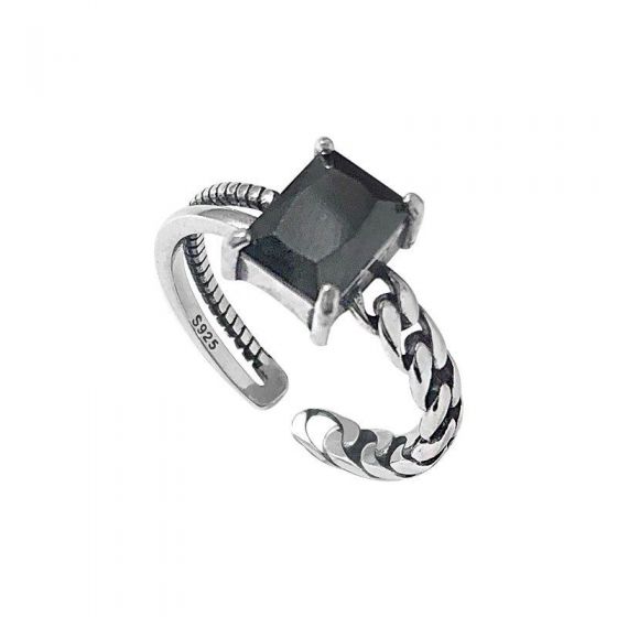 Регулируемое кольцо Geometry Black Rectangle CZ Chain из стерлингового серебра 925 пробы