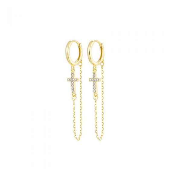 Elegant CZ Cross Chain Tassels 925 Sterling Silver Dangling Earrings
