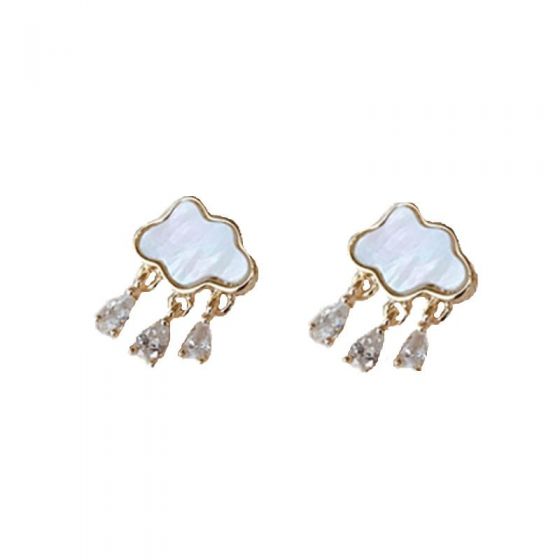 Holiday Shell Cloud CZ Waterdrop Rain 925 Sterling Silver Stud Earrings