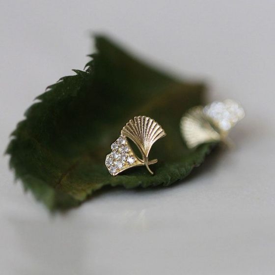CZ Plant Ginkgo Leaf Cute 925 Sterling Silver Stud Earrings