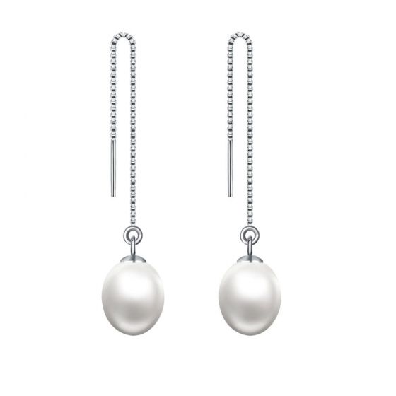 Elegant Oval Natural Pearl 925 Sterling Silver Dangling Earrings