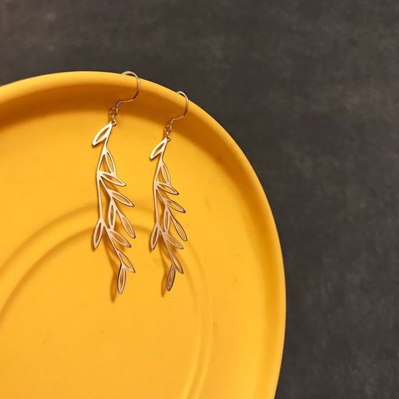Party Hollow Olive Leaf 925 Sterling Silver Dangling Earrings