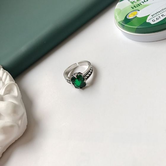 Green Emerald CZ Vintage Twisted 925 Sterling SilverAnillo ajustable
