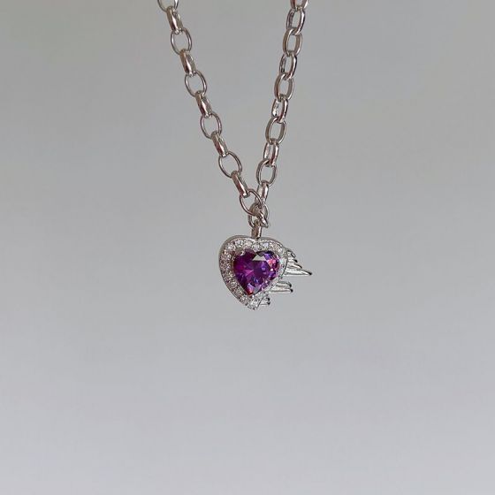 Girl Irregular Purple CZ Heart 925 Sterling Silver Necklace