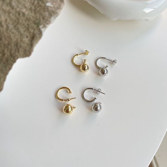 Cute Round Ball Beads 925 Sterling Silver Hoop Earrings