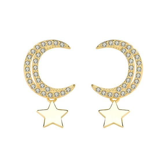 CZ Crescent Moon Stars Sweet 925 Sterling Silver Stud Earrings