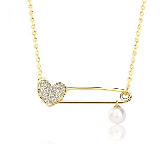 Not CZ Heart Clip Natural Pearl 925 Sterling Silver Necklace