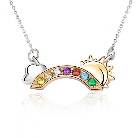 Colorful CZ Rainbow Cloud Sun Girl 925 Sterling Silver Necklace