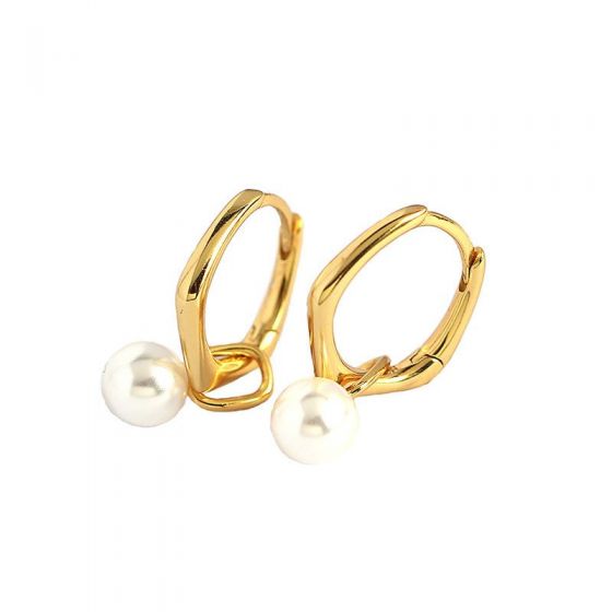 Boucles d'oreilles créoles en argent sterling 925 avec perle de coquille à géométrie simple