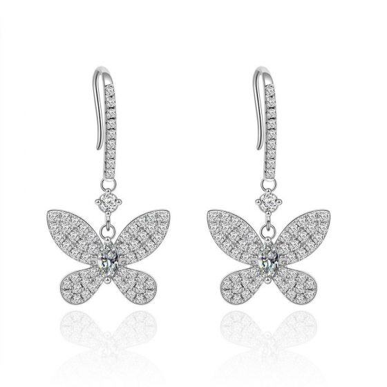 Beautiful Flying CZ Butterfly 925 Sterling Silver Dangling Earrings