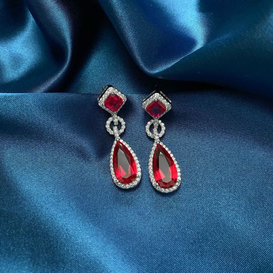 Elegant Created Ruby Waterdrop 925 Sterling Silver Dangling Earrings