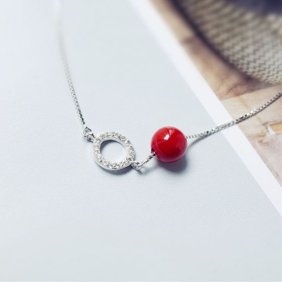 Red Bead CZ Circle 925 Sterling Silver Necklace