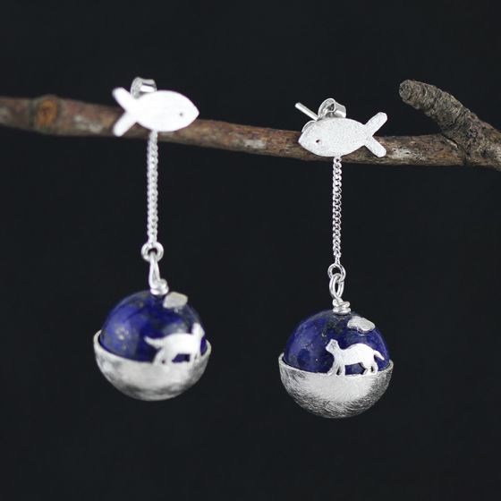 Fashion Natural Blue Lapis Cat Fish 925 Sterling Silver Dangle Earrings