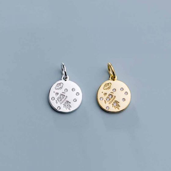 Simple CZ Planet Geometry Round Tag 925 Sterling Silver DIY Charms