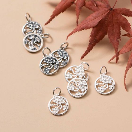 Flowers Hollow Round Tag 925 Sterling Silver DIY Pendant