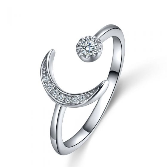Fashion New Moon Crescent CZ 925 Sterling Silver Adjustable Ring