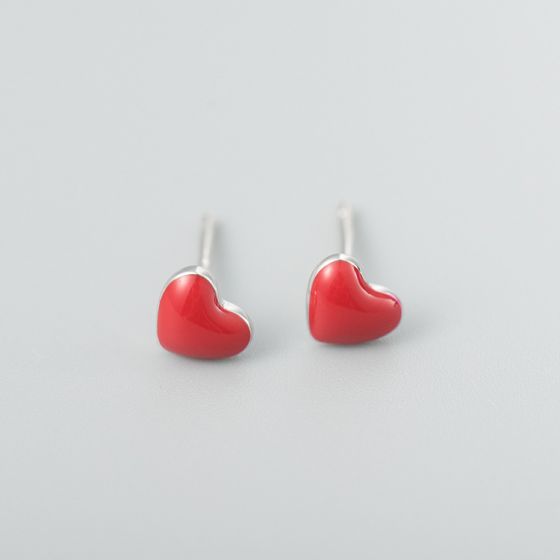 Red Heart Epoxy Simple Solid 926 Sterling Silver Small Earrings