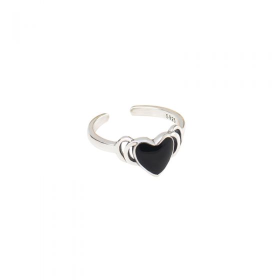 Vintage Black Heart 925 Sterling Silver Adjustable Ring