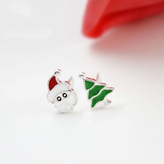 Fashion Asymmetric 925 Sterling Silver Christmas Santa Tree Studs Earrings