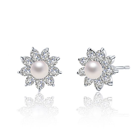 Flower CZ Shell Pearl 925 Silver Studs Earrings