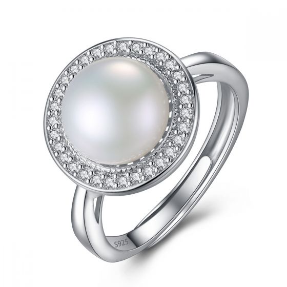 Round CZ Natural Pearl 925 Silver Adjustable Ring