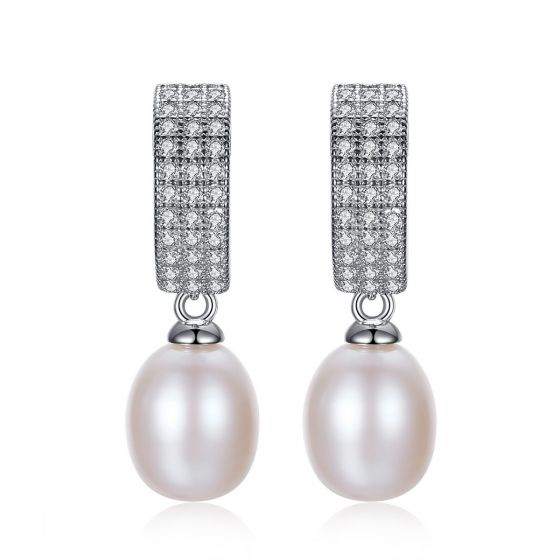 New Oval Natural Pearl 925 Silver CZ Dangling Earrings