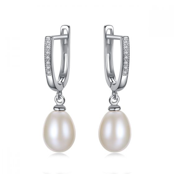 Half-Round Natural Pearl CZ 925 Silver Dangling Earrings