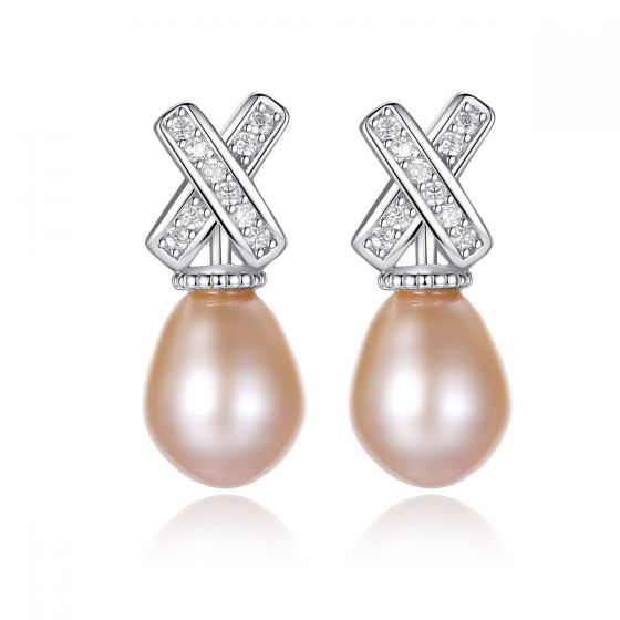 X CZ Natural Pearl 925 Silver Dangling Earrings