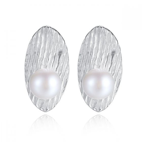 Round Natural Pearl On Leaf 925 Silver Studs Earrings