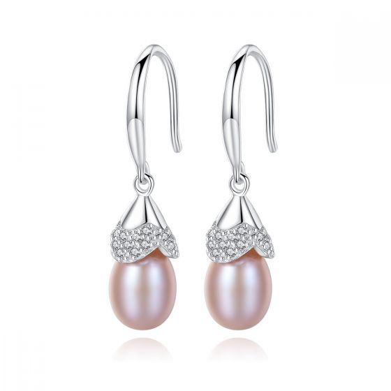 CZ Waterdrop Natural Pearl 925 Silver Dangling Earrings