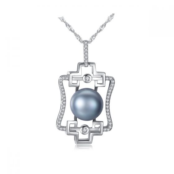 CZ Hollow Cross Natural Pearl 925 Silver Necklace