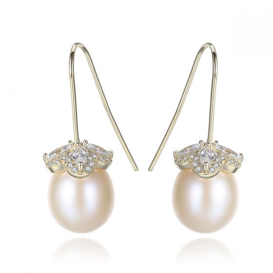 CZ Flower Natural Pearl 925 Silver Dangling Earrings
