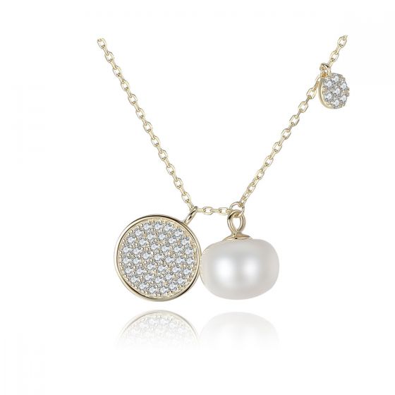 CZ Disc Half-Round Natural Pearl 925 Silver Necklace